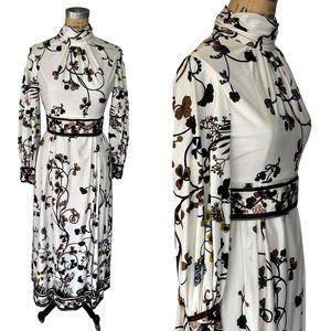Vintage White Brown 70s Maxi Floral Autumnal Dress